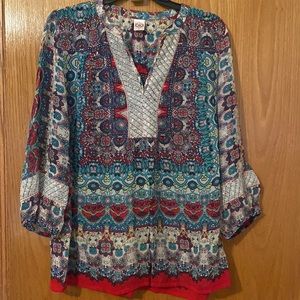 Boho style…Sheer long sleeve tunic with silver accenting on neckline & sleeves